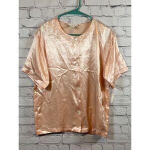 Josie Peach Satin‎ Button-Up Short Sleeve Blouse Elegant Evening Wear Small
